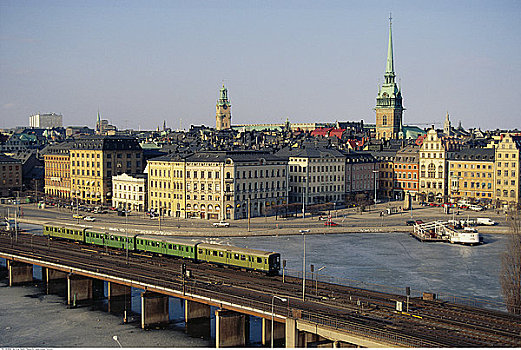 城市,列车,桥,冬天,斯德哥尔摩,瑞典