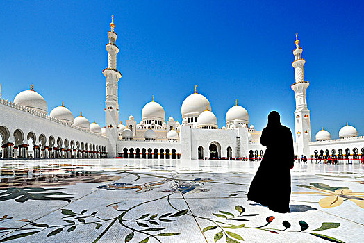 女人,正面,清真寺,酋长国,阿布扎比,阿联酋,亚洲