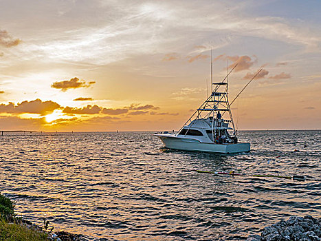 运动,渔船,离开,日出,佛罗里达礁岛群,美国