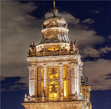 城市教堂,尖顶,钟,雕塑,佐卡罗,墨西哥城,夜晚