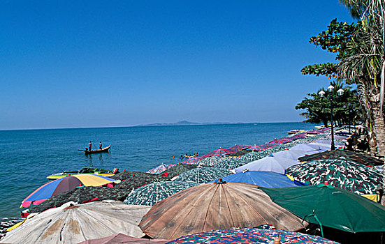 俯拍,沙滩伞,海滩,芭堤雅,泰国