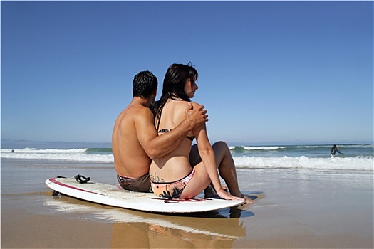 男人,女人,坐,海洋,冲浪板