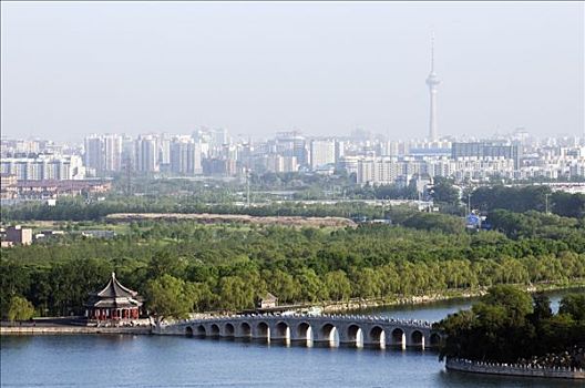 中国,北京,颐和园,世界遗产,十七孔桥,城市天际线