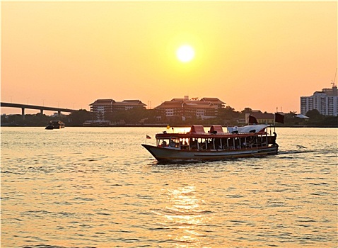 日落,湄南河,船