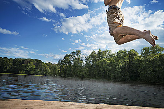 男孩,跳跃,平静,水池,木码头
