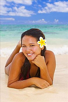 夏威夷,美女,女孩,鸡蛋花,热带沙滩
