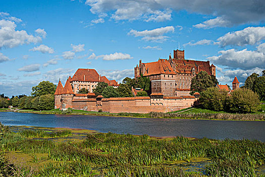 城堡,堤岸,河,马尔堡,波美拉尼亚,波兰,欧洲
