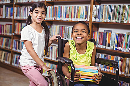微笑,学生,轮椅,拿着,书本,图书馆,头像,学校