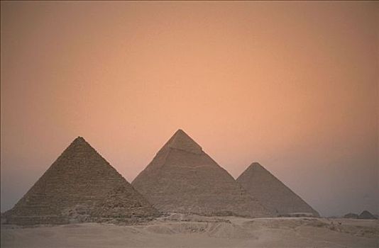 非洲,埃及,开罗,金字塔,吉萨金字塔,三个,建筑,晚间,黎明,风景,气氛,沙子,横图