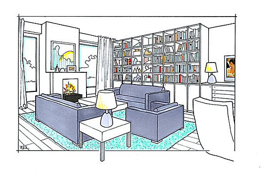 插画,客厅,沙发,中间,房间,书架