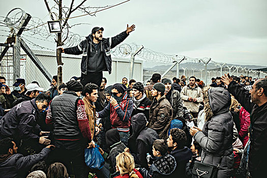 难民,露营,希腊,马其顿,边界,等待,检查点,一个,男人,中马其顿,欧洲