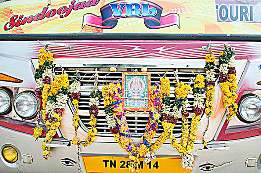 印度教,花环,正面,巴士,朝拜,坦贾武尔,泰米尔纳德邦