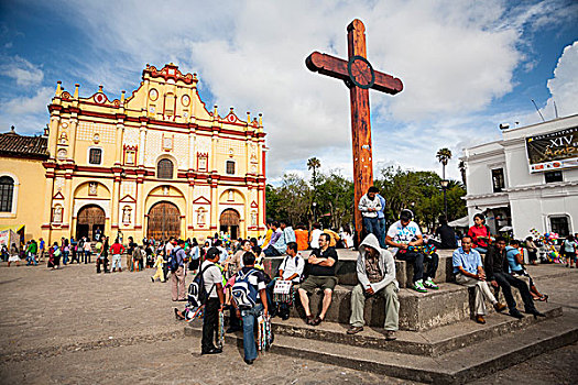 墨西哥,恰帕斯,圣克里斯托瓦尔,房子,人,户外,时间,广场,大教堂