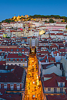 俯视,街道,光亮,黄昏,阿尔法马区,里斯本,葡萄牙