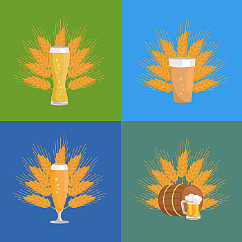 啤酒杯,小麦,矢量,插画,不同,穗,一个,桶,绿色,蓝色,背景,十月节