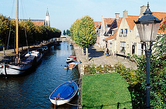 荷兰人,乡村,房船,河,正面,房子,建筑