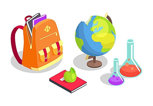 学校,背包,满,书本,化学品,长颈瓶,地理,地球仪,课本,苹果,餐食,矢量,插画,隔绝,白色背景
