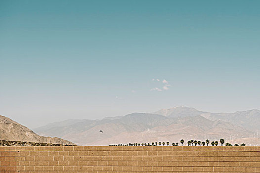 砖墙,远景,山,棕榈泉,加利福尼亚,美国