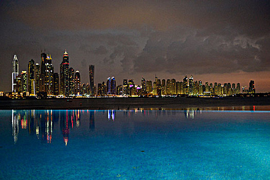 阿联酋,迪拜,游泳池,手掌,摩天大楼,天际线,夜晚