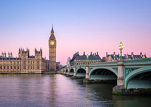 威斯敏斯特桥,威斯敏斯特宫,钟楼,大本钟,黎明,伦敦,英格兰,英国,欧洲