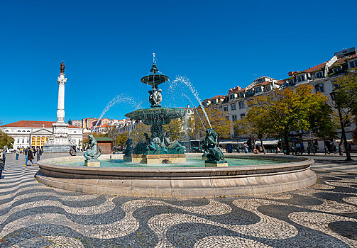 喷泉,青铜,纪念建筑,国家剧院,罗斯奥广场,罗西奥,里斯本,葡萄牙,欧洲