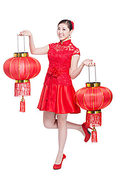 年轻,亚洲女性,红色,旗袍,红灯笼,春节