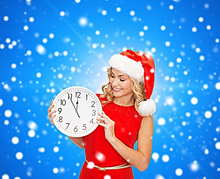 圣诞节,冬天,休假,时间,人,概念,微笑,女人,圣诞老人,帽子,红裙,钟表,上方,蓝色,雪,背景