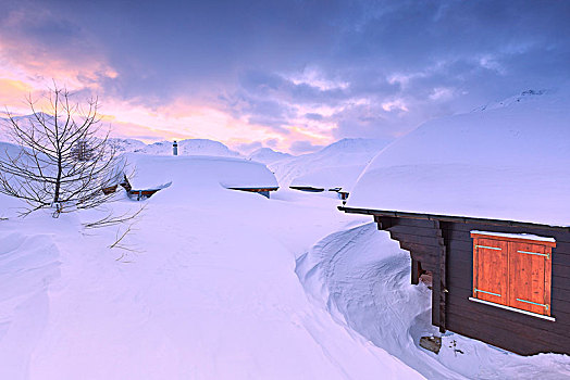 小屋,淹没,重,下雪,日落,瓦莱州,沃利斯,瑞士