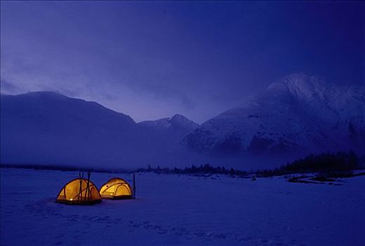 冬天,露营,室内,照亮,帐蓬,波蒂奇,湖