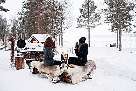 两个女人,坐,雪景,靠近,火灾,冬天,野餐