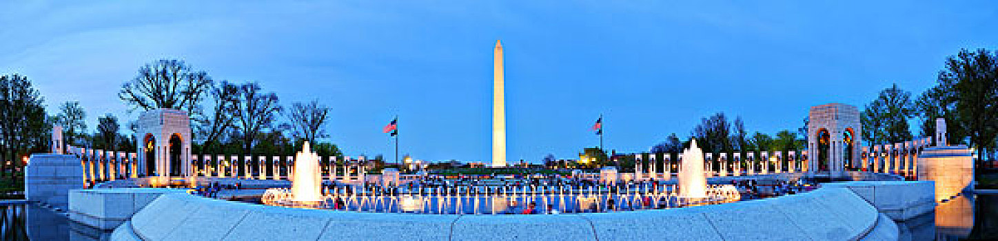 华盛顿特区,四月,华盛顿纪念碑,全景,二战,纪念,喷泉,亮光,黄昏,游人,世界