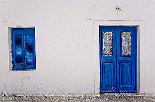 传统,希腊,建筑风格,建筑正面,蓝色,涂绘,门,百叶窗,乡村,锡拉岛