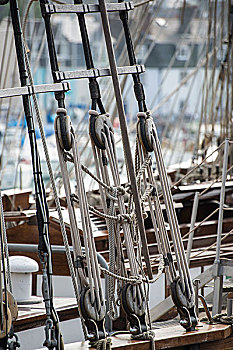旧式,漂亮,帆船,特写,绳索,船体,索具,航行,游艇,背景
