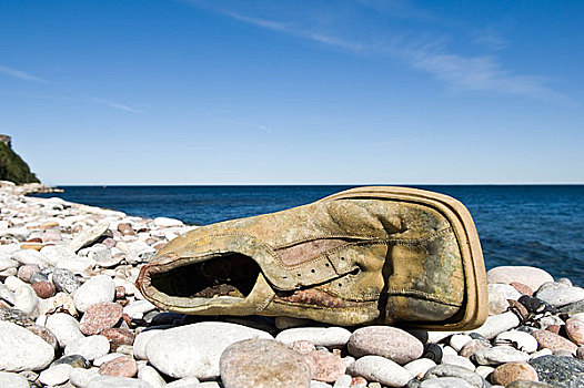 老,损坏,鞋,石头,海滩