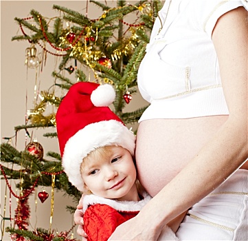 头像,小女孩,怀孕,母亲,圣诞树