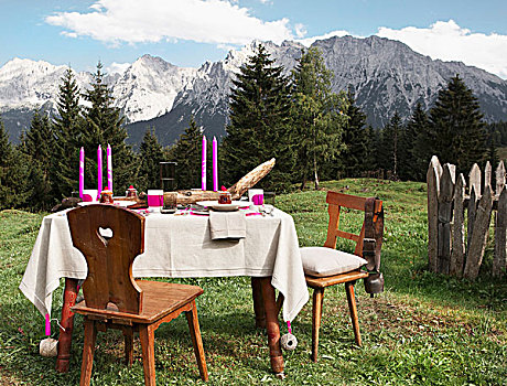 粉色,蜡烛,亚麻布,桌布,乡村,桌子,夏天,山景