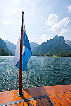 船,国王湖,湖,靠近,巴伐利亚,旗帜,德国,欧洲