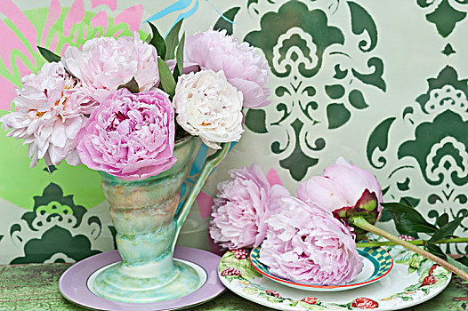 粉色,牡丹,复古,花瓶,盘子,墙壁,装饰,刻花,设计