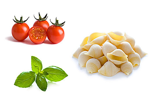 意大利贝壳面,西红柿,罗勒叶