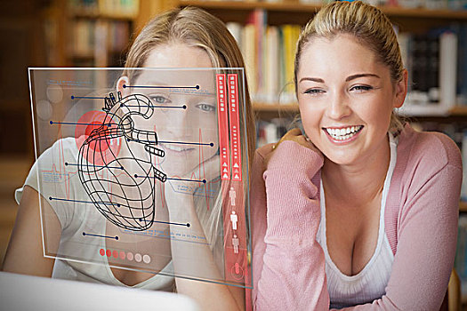 两个,微笑,学生,看,笔记本电脑,未来,界面,心形,图表,信息技术