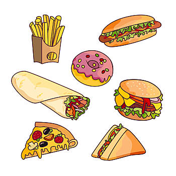 矢量,卡通,快餐,汉堡包,比萨饼,面包卷,土耳其烤肉,土豆,油炸,三明治
