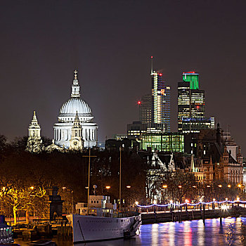 圣保罗大教堂,夜晚,伦敦,英国