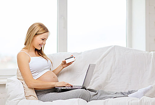 怀孕,母性,钱,互联网,科技,概念,微笑,孕妇,坐,沙发,笔记本电脑,信用卡