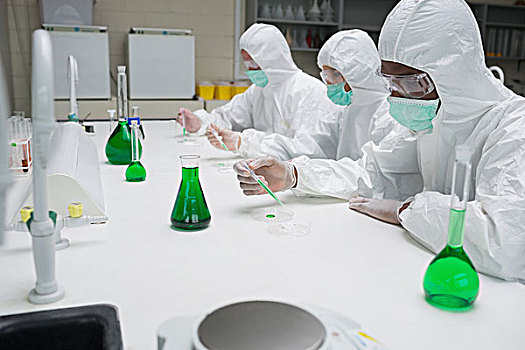 化学家,测试,绿色,液体,培养皿,实验室