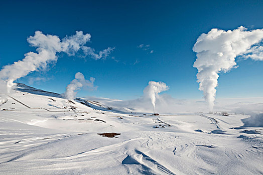 上升,蒸汽,雪景,地热发电站,地热,区域,纳玛斯克德,北方,冰岛,欧洲