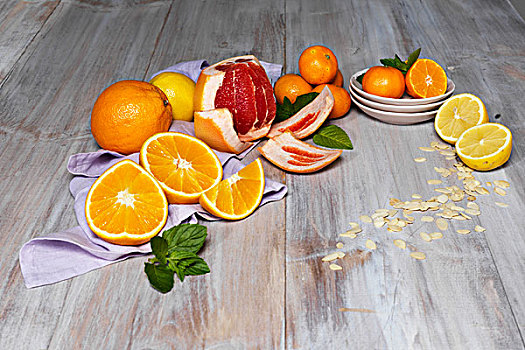 品种,柑橘,切削,柚子,橘子,柠檬,薄荷,棚拍