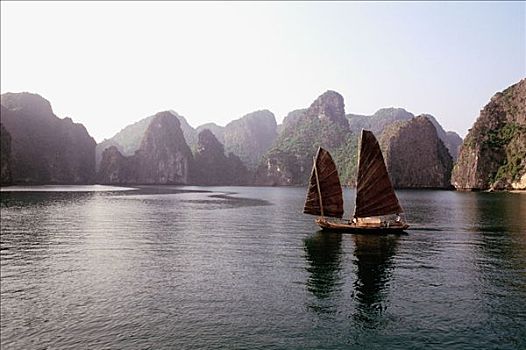越南,下龙湾,捕鱼,帆船,航行,岛屿