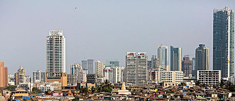天际线,摩天大楼,贫民窟,小屋,正面,孟买,马哈拉施特拉邦,印度,亚洲