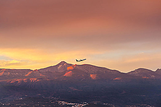 火山,日落,飞机,起飞,前景
