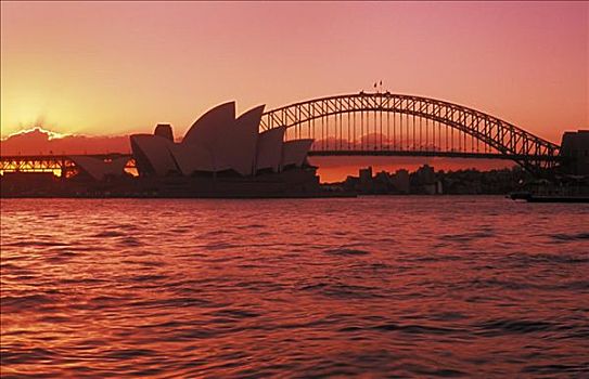 澳大利亚,新南威尔士,悉尼,剧院,海港大桥,鲜明,红色,粉色,日落